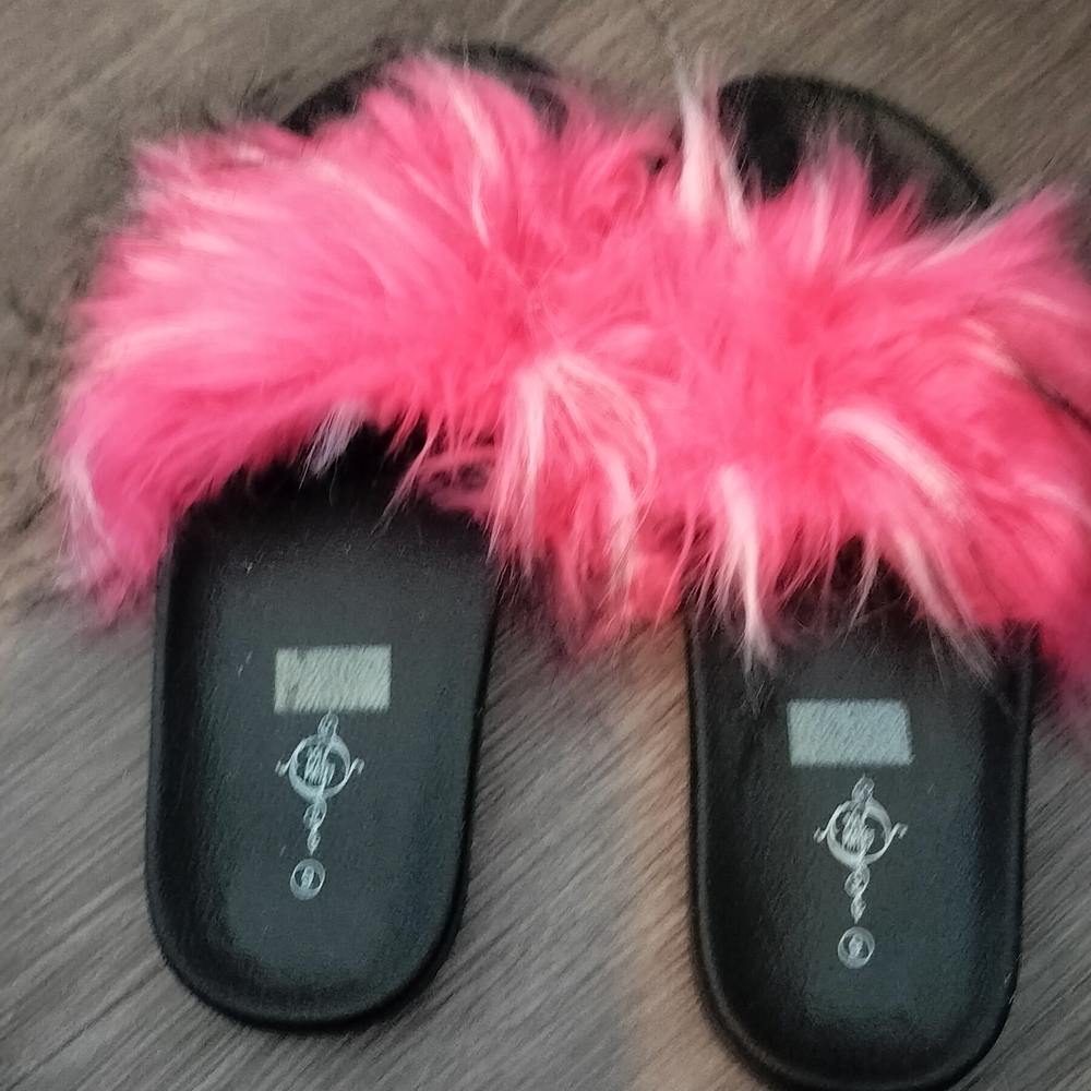 Vibrant Pink and Black Faux Fur Slide Slippers